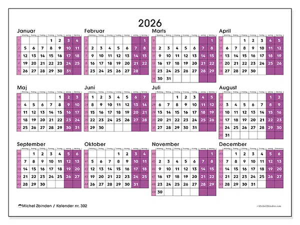 Årskalender 2026 til udskrivning - Dynamisk kontor