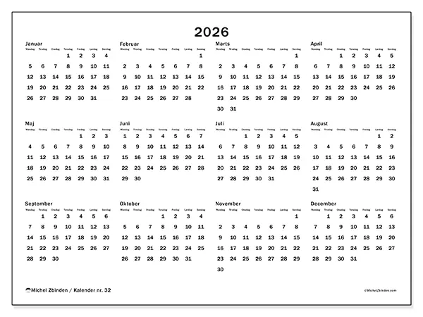 Årskalender 2026 til udskrivning - Global organisering