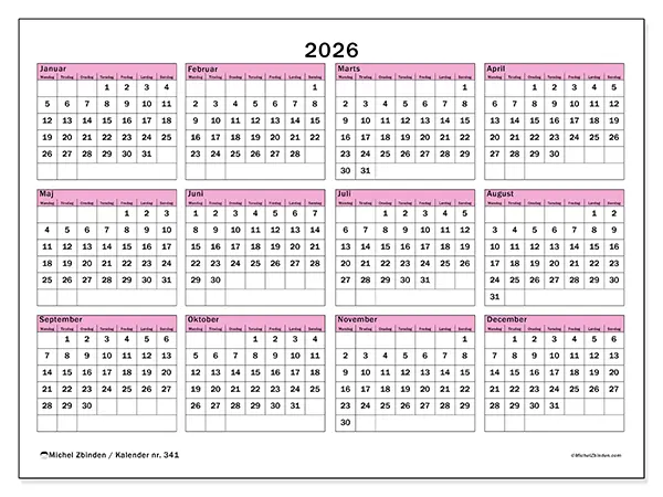 Årskalender 2026 til udskrivning - Planlægning og overblik