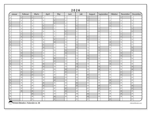 Årskalender 2026 til udskrivning - Praktiske lister