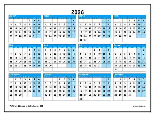 Årskalender 2026 til udskrivning - Organisering i farver