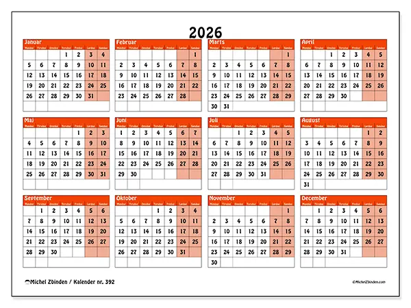 Årskalender 2026 til udskrivning - Farverig planlægning
