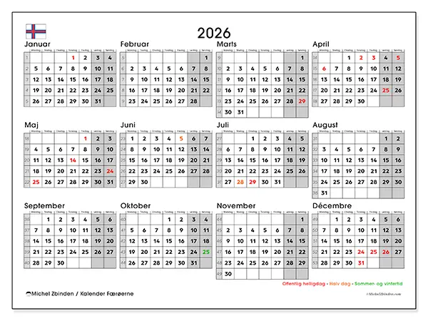 Årskalender 2026 til udskrivning - Færøerne