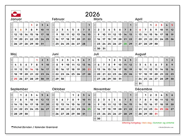 Årskalender 2026 til udskrivning - Grønland