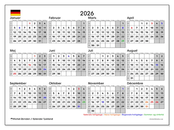Årskalender 2026 til udskrivning - Tyskland