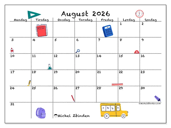 August 2026 månedskalender til udskrivning - Tilbage i skole