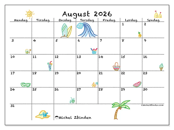 August 2026 månedskalender til udskrivning - Solrig ferie