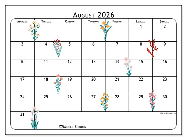 August 2026 månedskalender til udskrivning - Augustblomster