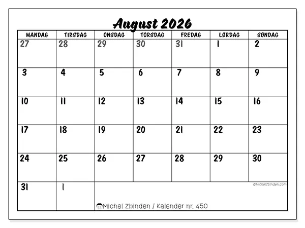 August 2026 månedskalender til udskrivning - Detaljeret organisering