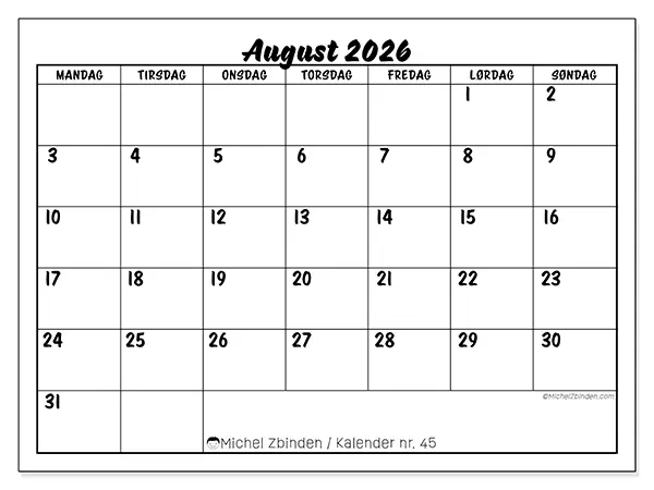 August 2026 månedskalender til udskrivning - Skolesucces