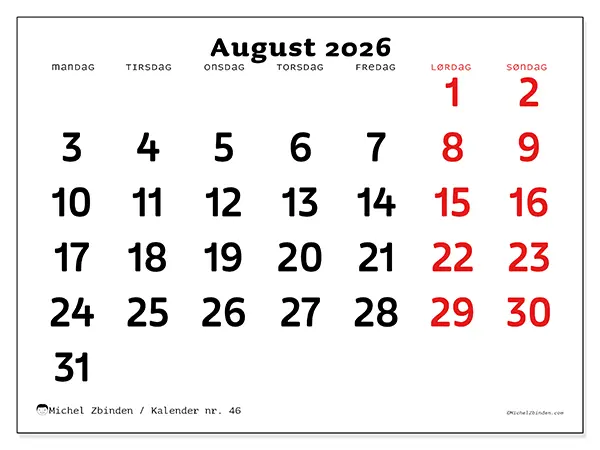 August 2026 månedskalender til udskrivning - Klart overblik