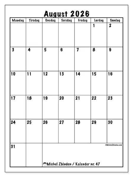 August 2026 månedskalender til udskrivning - Tydelig planlægning