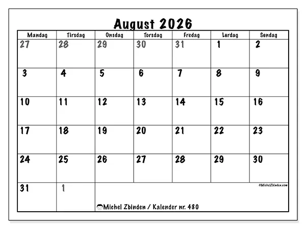 August 2026 månedskalender til udskrivning - Fuld planlægning