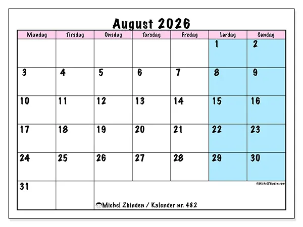 August 2026 månedskalender til udskrivning - Team tidsplan