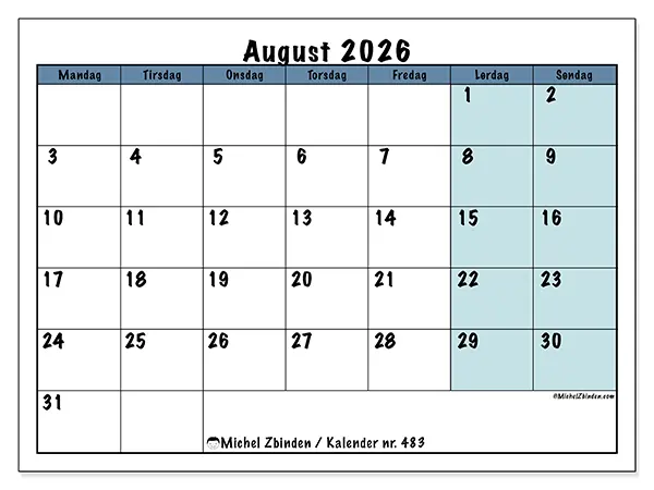 August 2026 månedskalender til udskrivning - Struktur til skole