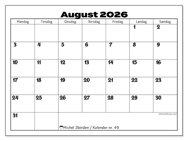 August 2026 månedskalender til udskrivning - Koordinering på arbejdet