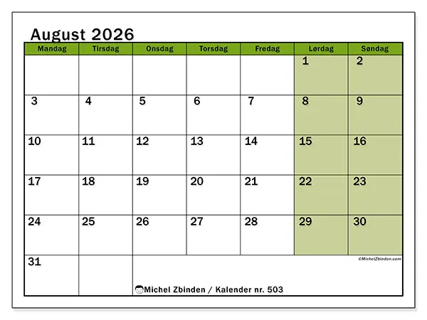 August 2026 månedskalender til udskrivning - Levende organisering