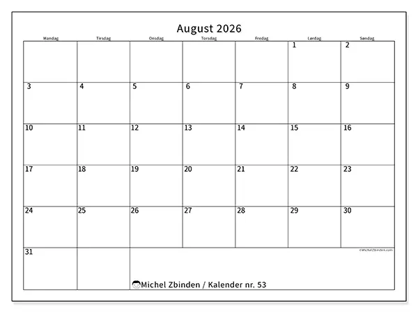 August 2026 månedskalender til udskrivning - Tydeligt skema
