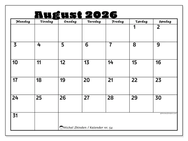August 2026 månedskalender til udskrivning - Familieaktiviteter