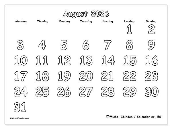 August 2026 månedskalender til udskrivning - Nyttig farvelægning