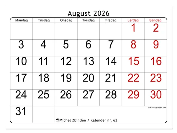 August 2026 månedskalender til udskrivning - Hurtigt overblik