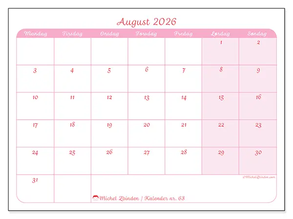 August 2026 månedskalender til udskrivning - Blid organisering