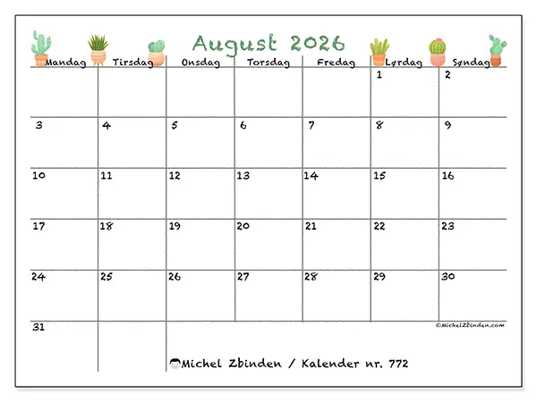 August 2026 månedskalender til udskrivning - Dekorative kaktusser