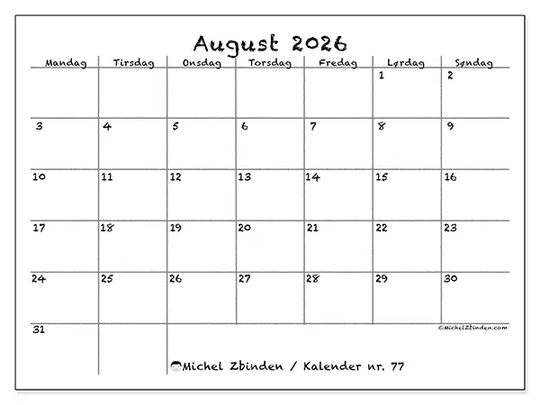 August 2026 månedskalender til udskrivning - Skole og familie