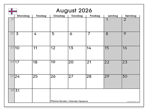 August 2026 månedskalender til udskrivning - Færøerne