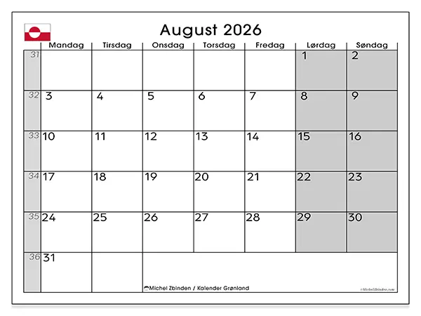 August 2026 månedskalender til udskrivning - Grønland