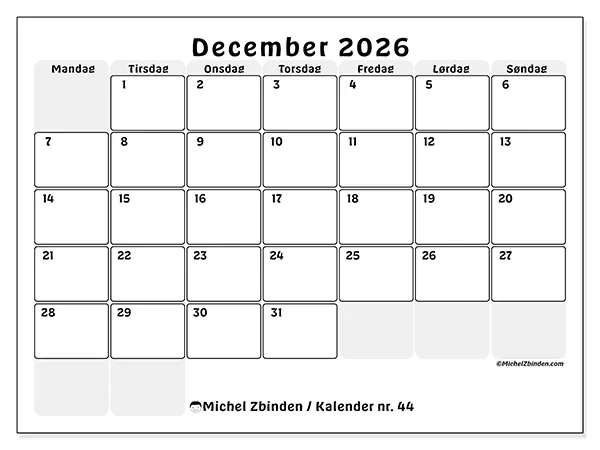 December 2026 månedskalender til udskrivning - Struktureret planlægning