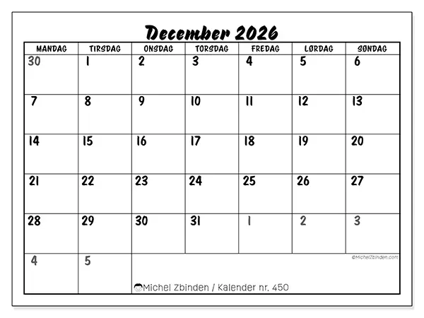 December 2026 månedskalender til udskrivning - Detaljeret organisering