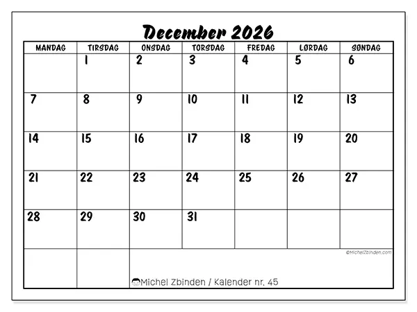 December 2026 månedskalender til udskrivning - Skolesucces