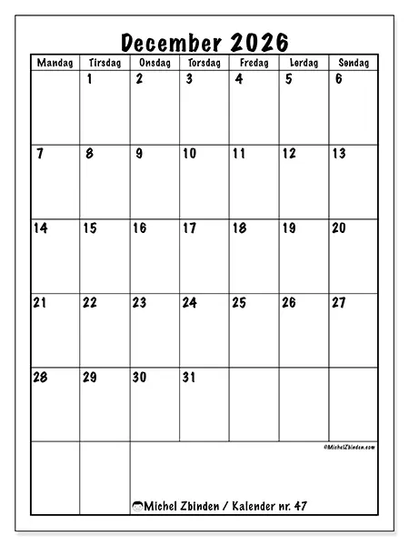 December 2026 månedskalender til udskrivning - Tydelig planlægning