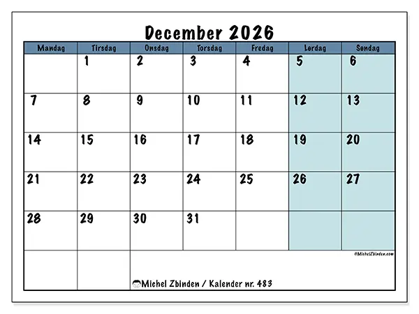 December 2026 månedskalender til udskrivning - Struktur til skole