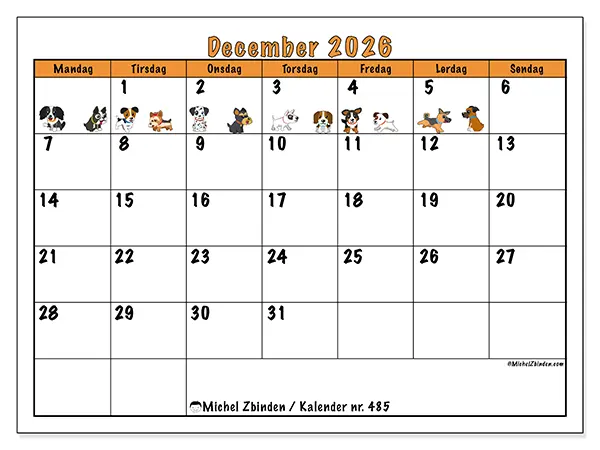 December 2026 månedskalender til udskrivning - Hunde