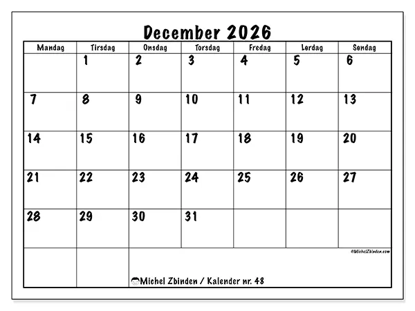 December 2026 månedskalender til udskrivning - Daglig planlægning