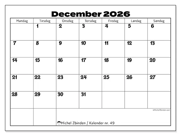 December 2026 månedskalender til udskrivning - Koordinering på arbejdet