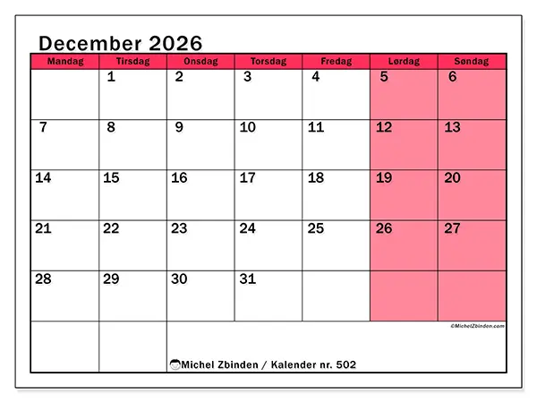 December 2026 månedskalender til udskrivning - Lys organisering