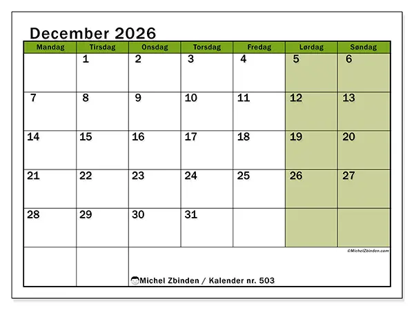 December 2026 månedskalender til udskrivning - Levende organisering