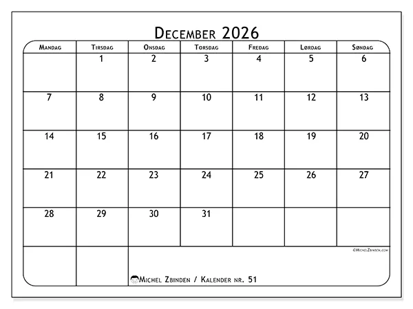 December 2026 månedskalender til udskrivning - Måltidsplan
