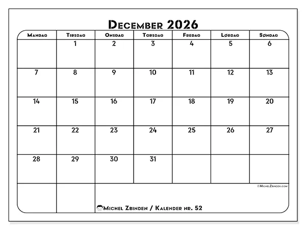 December 2026 månedskalender til udskrivning - Professionel organisering