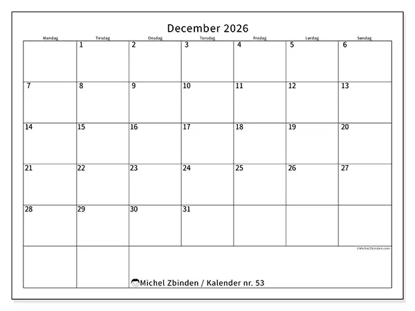 December 2026 månedskalender til udskrivning - Tydeligt skema