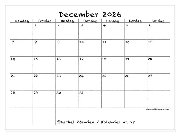 December 2026 månedskalender til udskrivning - Skole og familie