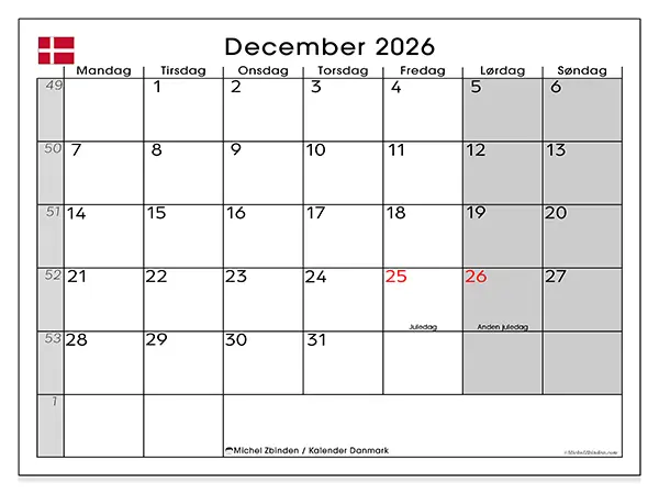 December 2026 månedskalender til udskrivning - Danmark