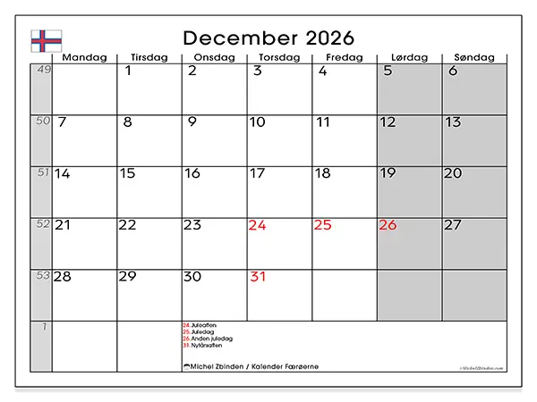 December 2026 månedskalender til udskrivning - Færøerne