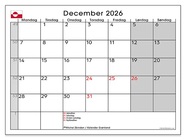 December 2026 månedskalender til udskrivning - Grønland