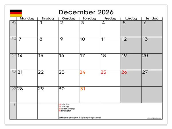 December 2026 månedskalender til udskrivning - Tyskland