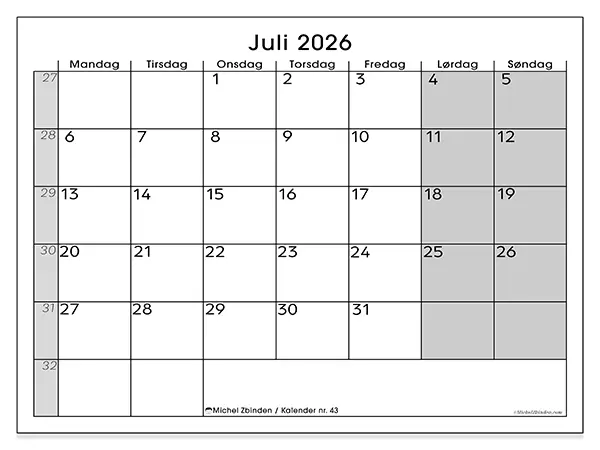 Juli 2026 månedskalender til udskrivning - Enkelt overblik