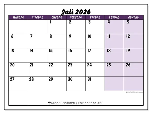 Juli 2026 månedskalender til udskrivning - Farverige opgaver